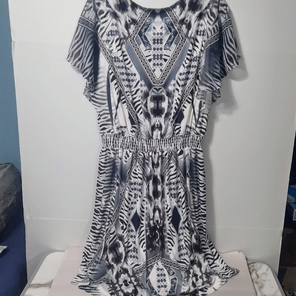 Style & Co Dress XL Black White Fit & Flare Wing Sleeve Midi Elastic Waist - Picture 5 of 10